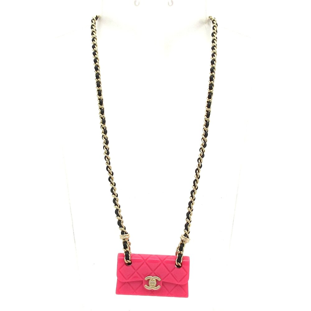 Chanel Necklace Pink Gold Black Hardware Leather Resin - Picture 2 of 6